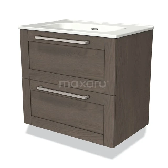 Brown wooden bathroom unit with two drawers, metal handles and white vanity units with basin. Modern design for stylish bathrooms.