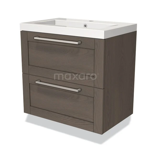 Bruine houten wastafelonderkast met twee lades, modern ontwerp, witte keramische wasbak, ideaal voor een stijlvolle badkamer.