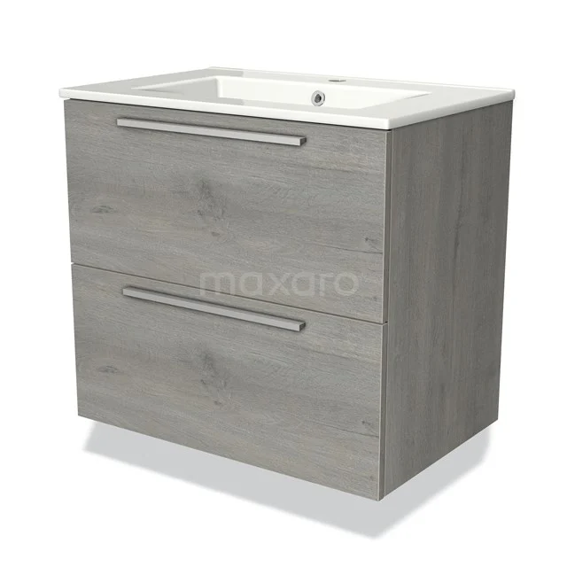 Houten badkamermeubel met wastafel, grijze eikenlook, twee lades en strakke metalen grepen, ideaal voor moderne badkamers.