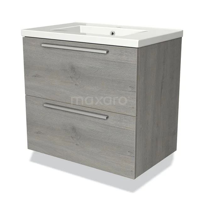 Modulo Bathroom furniture with sink | 70 cm Grey oak Flat front Ceramic 2 Stacked drawers BMW17-01994 Grey Bathroom unit with two drawers and white basin, modern design in wood look, ideal for stylish bathroom storage.
