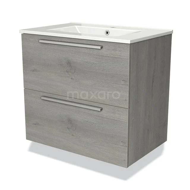 Grijze houten badkamermeubel met twee lades en witte wasbak, modern design, ideaal voor badkameropslag.