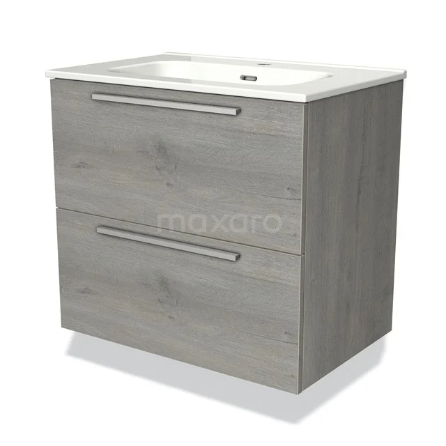 Grijze houten badkamermeubel met twee lades en geïntegreerde witte wastafel, strak design uit de Modern Luxe-serie.