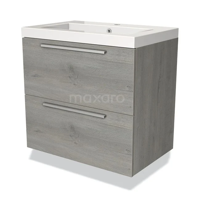 Grijze houten badkamermeubel met twee lades en witte wastafel; modern design voor een stijlvolle badkamer.