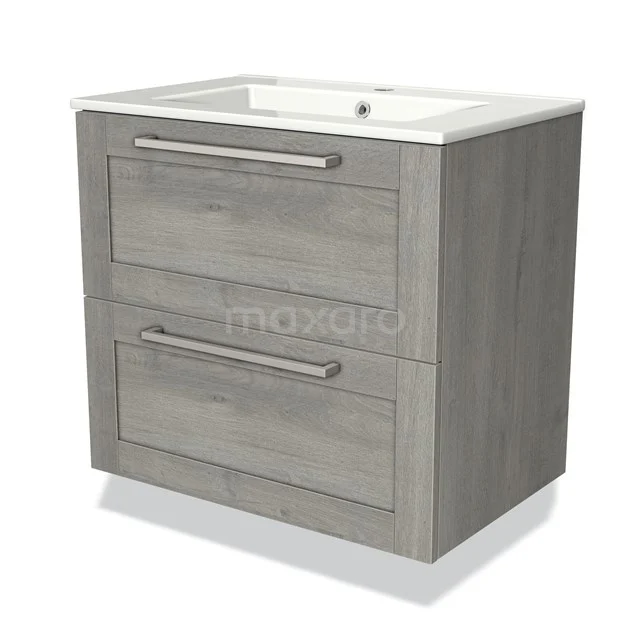 Grey wooden vanity unit with two drawers and metal handles, ideal for a modern bathroom design.