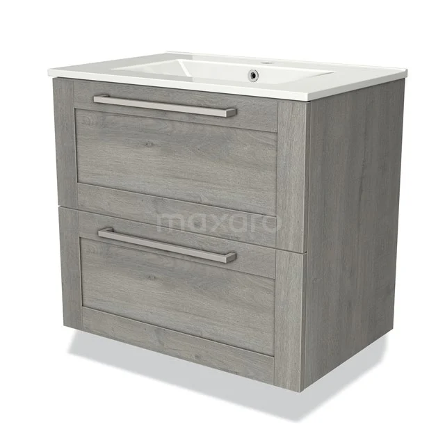 Grijze houten badkamermeubel met twee lades, rechthoekige witte wasbak en metalen handgrepen, modern design.