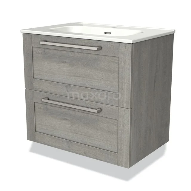 Grijze houten badkamermeubel met twee lades, metalen handgrepen en witte keramische wastafel, modern design.