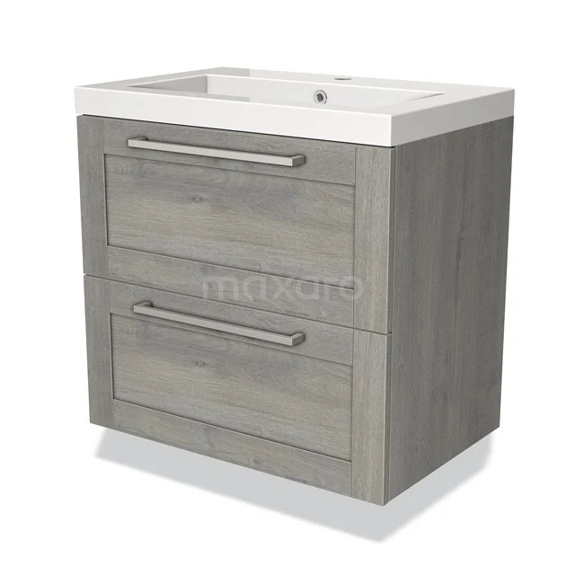 Houten badkamermeubel grijs met twee lades, ingebouwde witte wastafel en metalen handgrepen, modern ontwerp.