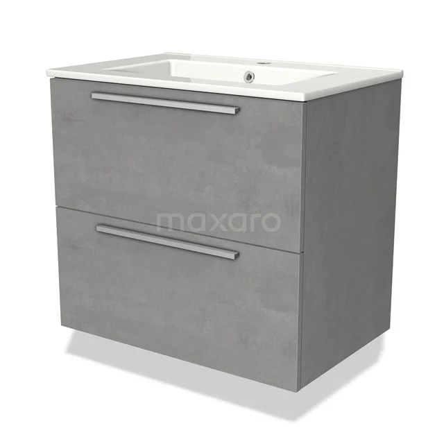 Grey bathroom furniture set with two drawers, modern design, matte concrete look and white sink, ideal for a stylish bathroom.