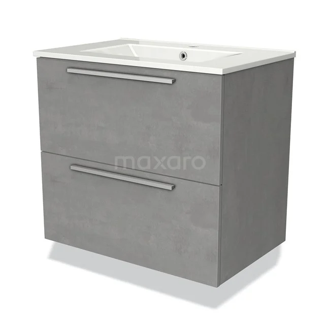 Grijze badkamerkast met twee lades, moderne betonlook en witte bovenblad, ideaal voor een strakke badkamerinrichting.