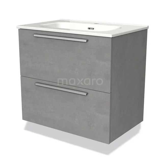 Grey bathroom unit with two drawer handles, modern design, concrete effect, including white ceramic basin on top.
