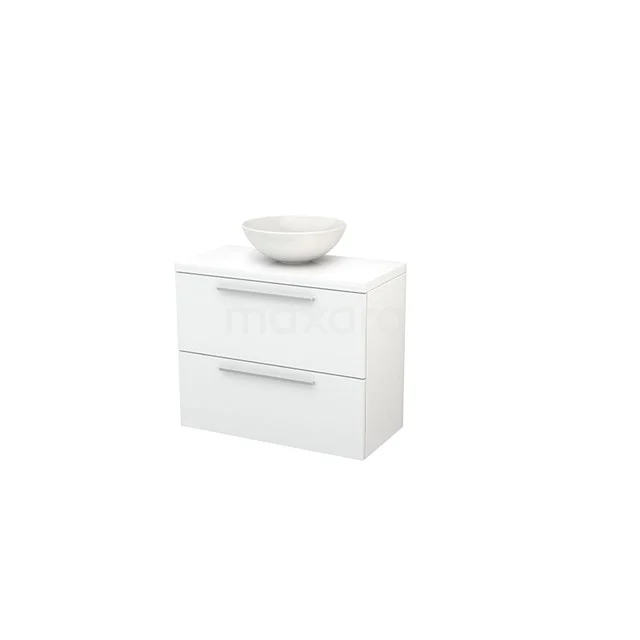 Weiße Badmöbelset mit Waschbecken, kompaktem Design und silbernen Haltegriffen, ideal für moderne Bäder.