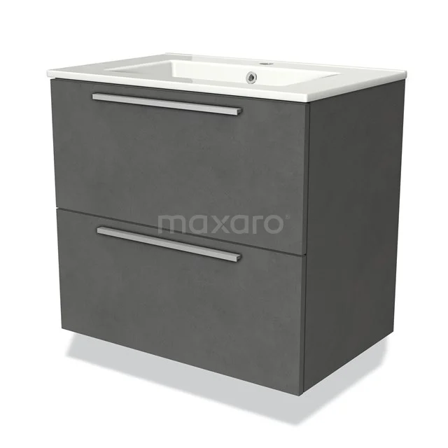 Grijze badkamermeubelset met twee ruime lades, strakke rvs handgrepen en keramische wastafel, ideaal voor moderne badkamers.