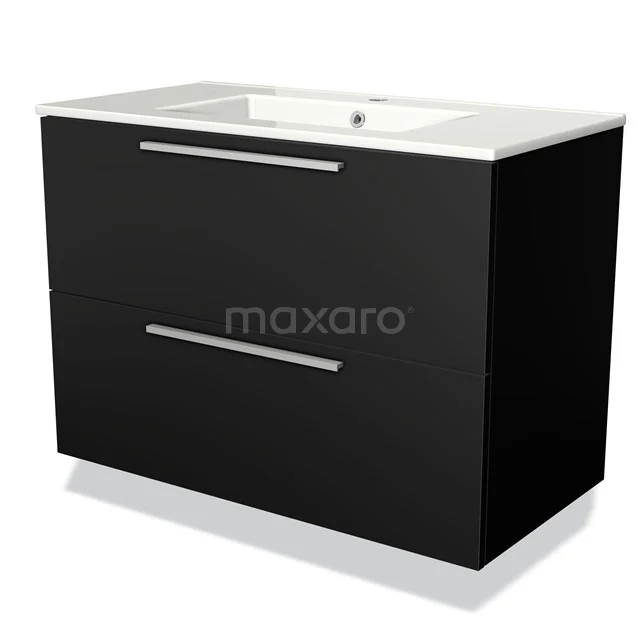 Zwarte badkamermeubel met glanzende ladefronten, witte keramische wastafel en strak design, ideaal voor moderne badkamers.