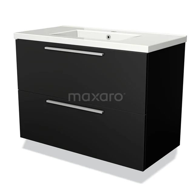 Black bathroom furniture set with two drawers, chrome handles and white ceramic sink, ideal for modern bathrooms.