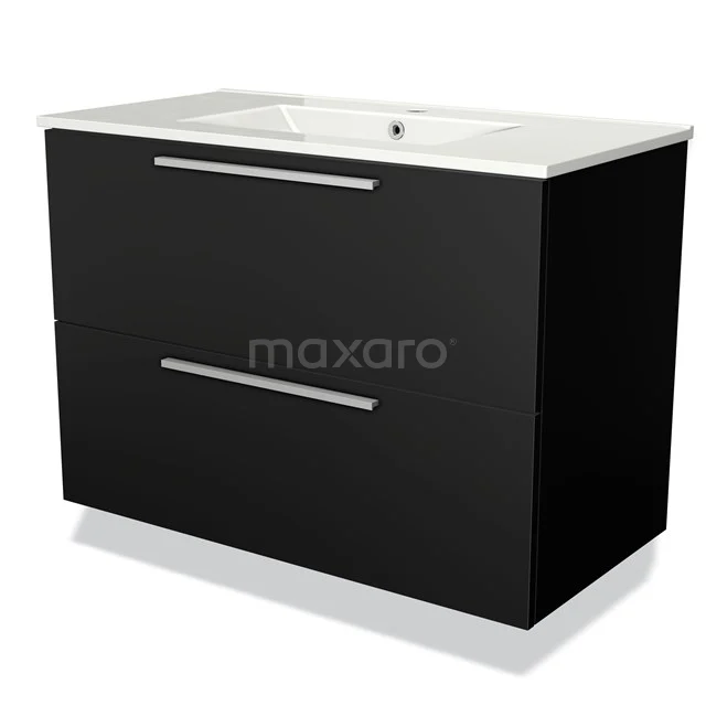 Black bathroom unit with white vanity units with basin, two wide drawers, sleek designer handles and modern minimalist design.
