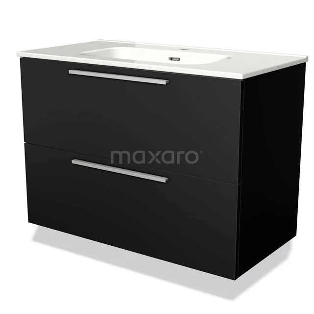 Zwarte badkamerkast met twee lades, rechthoekig design, witte wastafel bovenop, modern en stijlvol voor elke badkamer.
