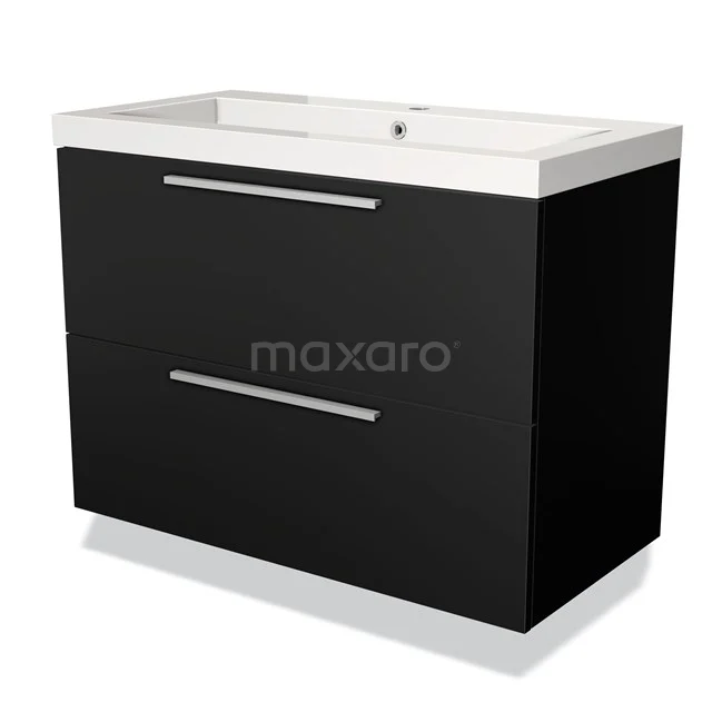 Zwarte badkamerkast met twee lades, moderne design, glanzende afwerking en geïntegreerde witte wastafel.