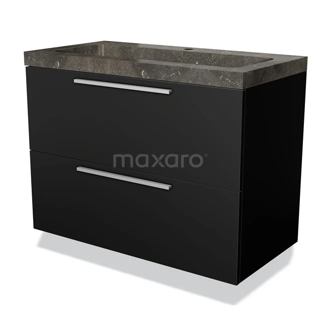 Zwarte badkamermeubel met twee lades, grijs stenen blad en moderne metalen handgrepen, perfect voor een stijlvolle badkamer.