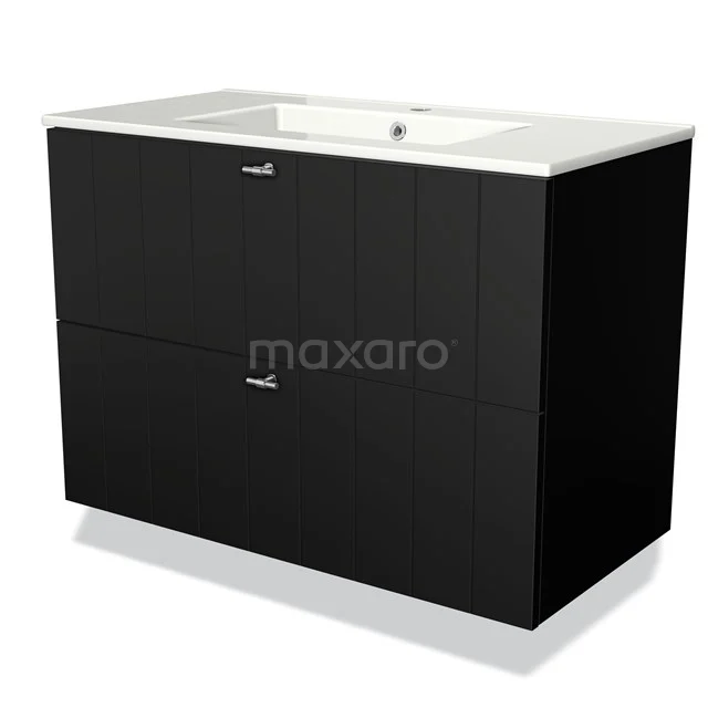 Black bathroom furniture set with two drawers and a white basin, modern design, ideal for stylish bathroom design.