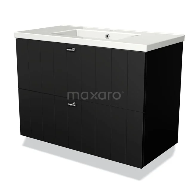 Black bathroom cabinet with two drawers, ceramic basin and chrome handles, ideal for modern bathrooms.