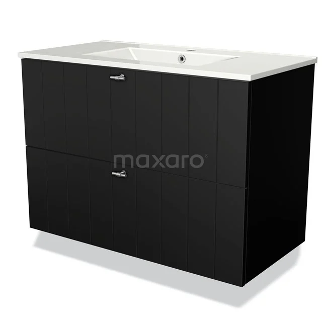 Modulo Bathroom furniture with sink | 90 cm Matte black Slat front Ceramic 2 Stacked drawers BMW17-02027 Black wooden bathroom cabinet with two drawers and a white ceramic basin, sleek and modern design.