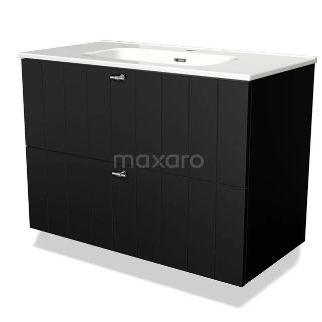 Black wooden bathroom unit with two drawers and white basin, ideal for stylish and functional bathroom storage.