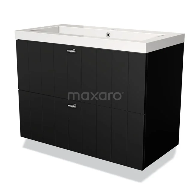 Modulo Vanity units with basin | 90 cm Matte black Slat front Mineral marble 2 Stacked drawers BMW17-02029 Black bathroom unit with two drawers, white ceramic basin; modern design, ideal for stylish bathroom design.