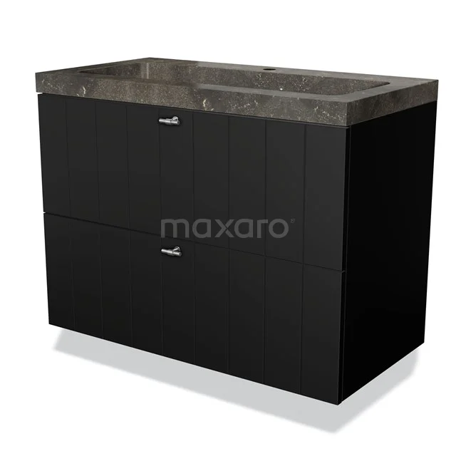 Black bathroom furniture set with concrete worktop, two drawers and chrome handles, ideal for modern bathroom design.