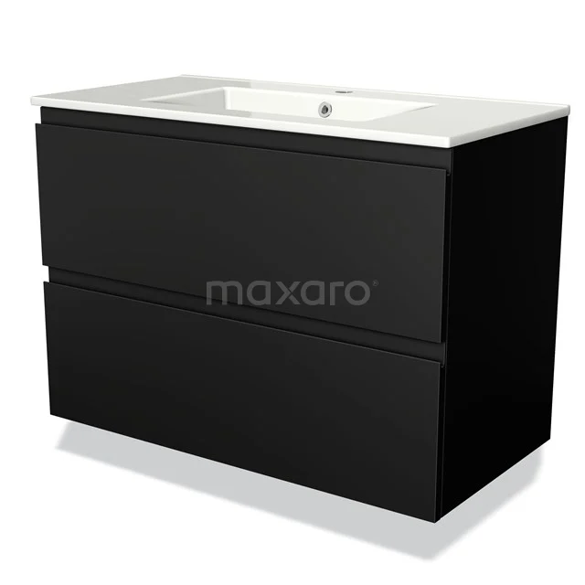 Zwarte badkamermeubel met twee lades en witte keramische wastafel, strak design voor moderne badkamers.