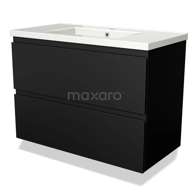 Black bathroom unit with integrated white vanity units with basin, modern design and two drawers, ideal for stylish bathroom storage.