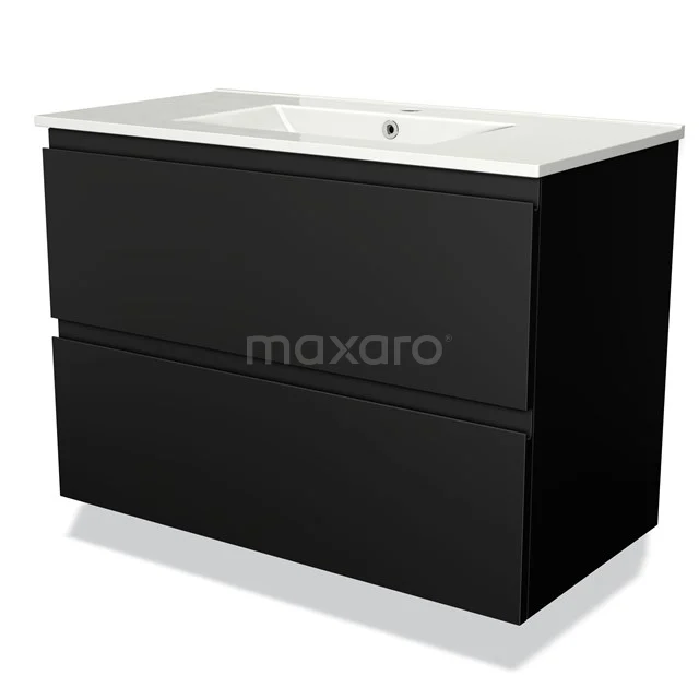 Zwarte wastafelmeubel met twee lades, witte keramische wastafel; strak design, ideaal voor een moderne badkamer.