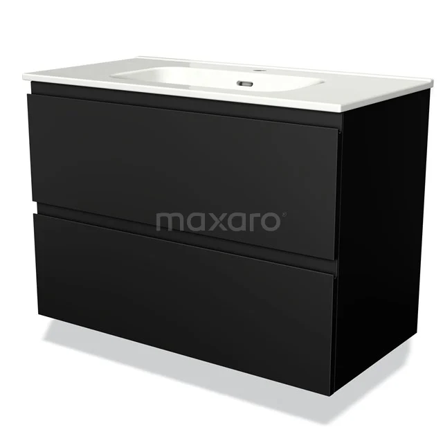 Black bathroom furniture set with clean lines, ceramic basin and two drawers. Ideal for a stylish modern bathroom.