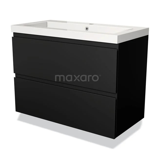 Zwarte badkamermeubel met een rechthoekige wastafel, twee lades en een modern design, ideaal voor stijlvol badkameropslag.