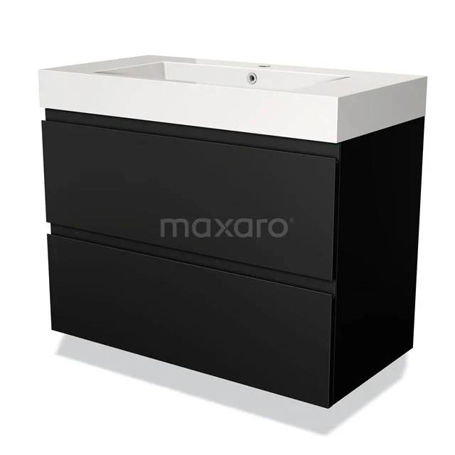 Modulo Bathroom furniture with sink | 90 cm Matte black Handle-less front Mineral marble 2 Stacked drawers BMW17-02038 Black hanging bathroom unit with two drawers and white vanity units with basin, modern design made of high-quality materials.