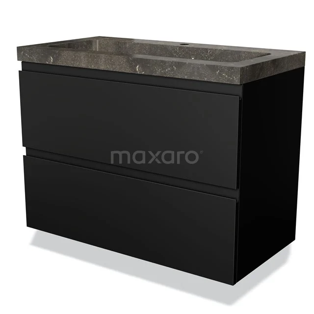 Zwarte badkamermeubel met twee lades en een betonlook wastafelblad, modern design voor stijlvolle badkameropslag.