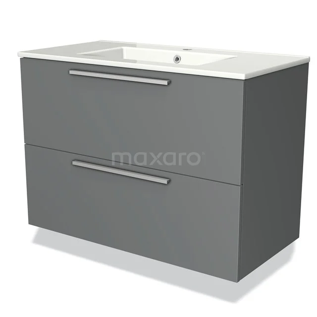 Grijze badkamermeubelset met twee lades en wit wastafelblad van keramiek, modern design met strakke lijnen.