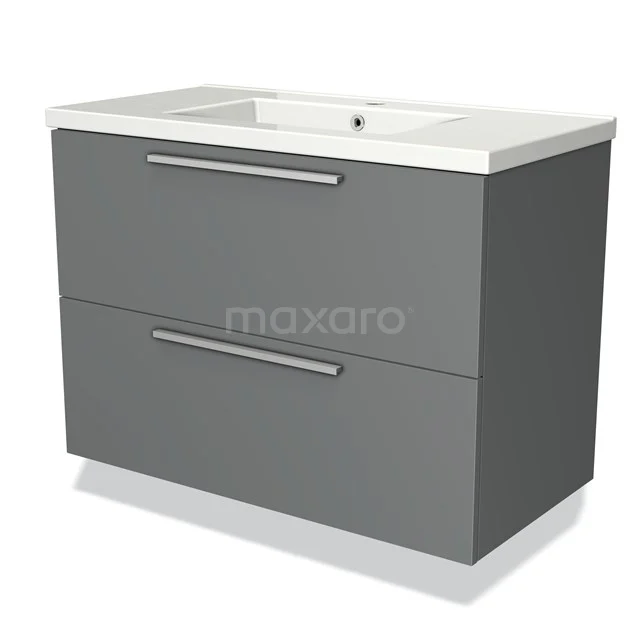 Grey Bathroom cabinet with two drawers, metal handles and white basin, ideal for stylish bathroom storage.