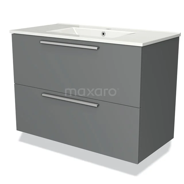 Grijze badmeubelset met twee lades, keramische wastafel en strakke grepen, ideaal voor een moderne badkamerupgrade.