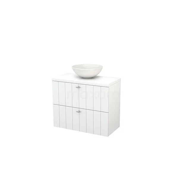 White bathroom unit with ribbed pattern, two drawers and a round countertop wash basin; ideal for stylish and functional bathroom storage.