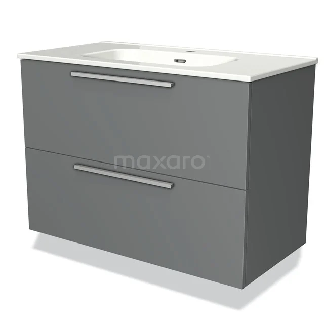 Grijze badkamermeubelset met twee lades, wastafel van keramiek en strak design, ideaal voor moderne badkamerinrichtingen.
