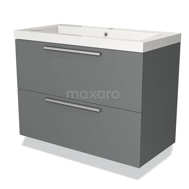 Graue Badmöbelset mit zwei Schubladen, modernem Finish und integriertem Waschbecken, ideal für eine schlichte Badezimmergestaltung.