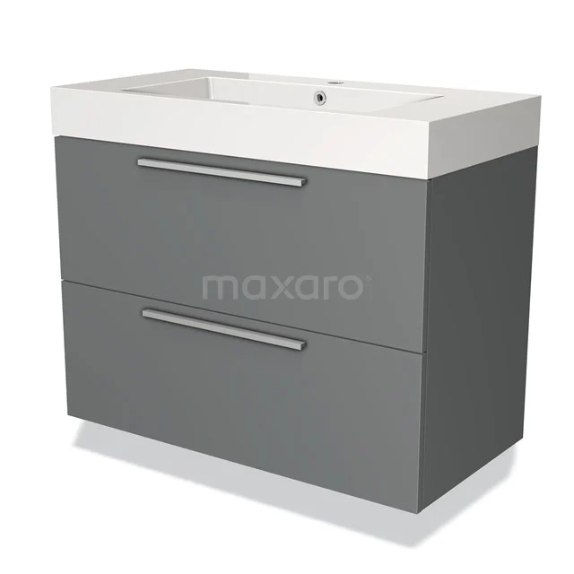 Modulo Bathroom furniture with sink | 90 cm Mid grey Flat front Mineral marble 2 Stacked drawers BMW17-02046 Grey bathroom unit with two drawers, silver handles and a white ceramic basin worktop, modern and sleek design.