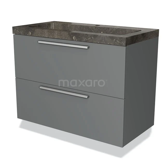 Grey bathroom unit with two drawers, natural stone basin worktop and chrome handles, stylish and modern design.