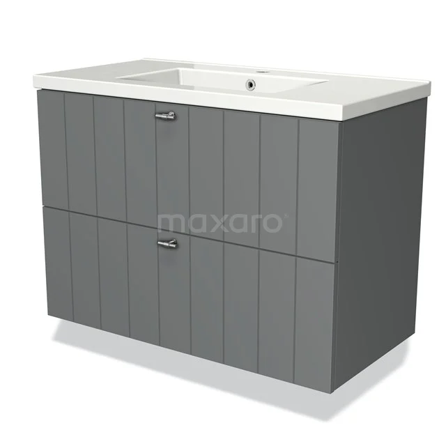 Grey bathroom unit with double drawers, vertical wood grain structure and white vanity units with basin made of ceramic, modern design.