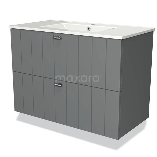 Grijze badkamermeubel met dubbele lades en witte keramische wastafel, modern design voor stijlvolle badkamerinrichting.