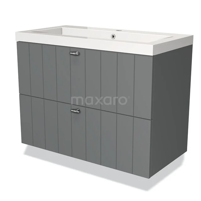 Grijze houten badkamermeubelset met dubbele lades en witte wastafel, modern design met verticale panelen.