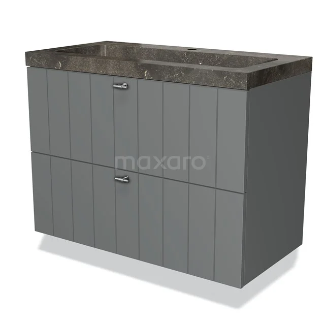 Grijze badkamermeubel met marmeren wasbak, twee lades en verticale strepen; modern design, ideaal voor stijlvolle badkamers.