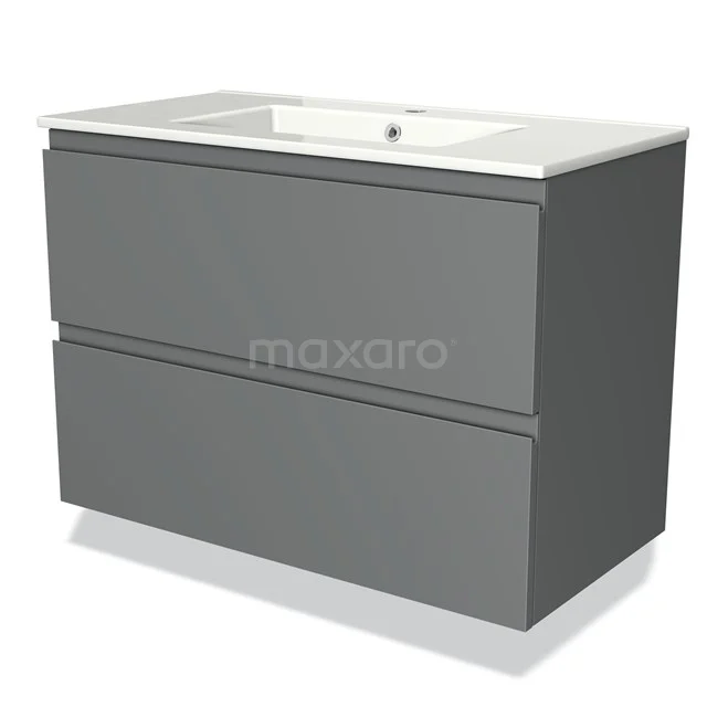 Grey bathroom furniture set with double drawers, sleek design and ceramic basin, ideal for modern bathroom design.