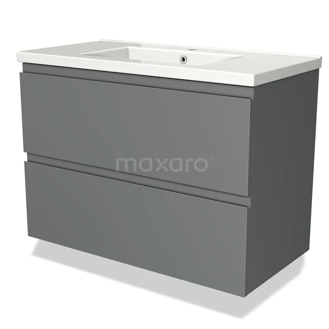 Grey Bathroom unit with two drawers and white ceramic basin, modern design, ideal for bathroom storage.