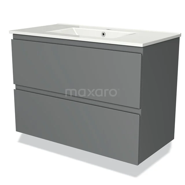 Grey bathroom furniture set with 2 drawers and white basin, modern design, ideal for sleek bathrooms.
